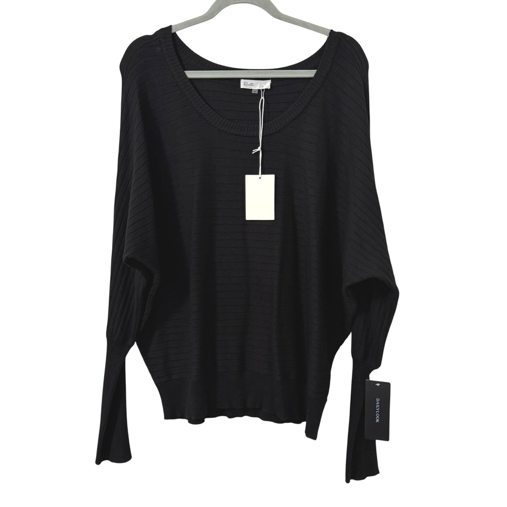 Whimsigoth Cozy Black Ribbed Batwing Sleeve Boat Neck Sweater XL NWT Layer Chic